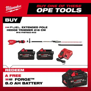 Milwaukee M18FHETE22-0 18v Fuel Extended Pole Hedge Trimmer 216cm Kit - 2 x 8.0ah Forge Batteries & Charger