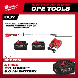 Milwaukee M18FHETE27-802 18v Fuel Extended Pole Hedge Trimmer 267cm Kit - 2 x 8.0ah Batteries & Charger 