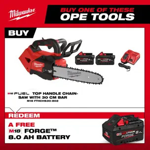 Milwaukee M18FTHCHS30-802 18v Fuel 30cm Top Handle Chainsaw Kit - 2 x 8.0ah Forge Batteries & Charger