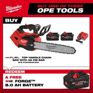 Milwaukee M18FTHCHS35-802 18v Fuel 35cm Top Handle Chainsaw  Kit - 2 x 8.0ah Batteries & Charger