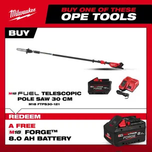 Milwaukee M18FTPS30-0 18v 30cm Telescopic Pole Saw Kit - 12.0ah Forge Battery & Charger