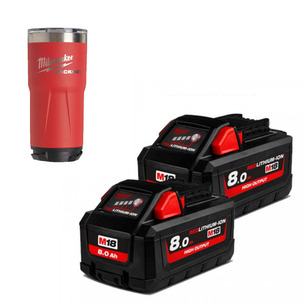 Milwaukee M18HB8 18V 8.0Ah High Output Batteries (Twin Pack) and 591ml Packout Tumbler