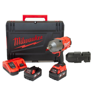 Milwaukee M18ONEFHIWF12-502X 18V One Key Fuel 1/2" Impact Wrench Kit with Rubber Sleeve (2 x 5.0Ah RedLithium-Ion Batteries, Charger & Case)