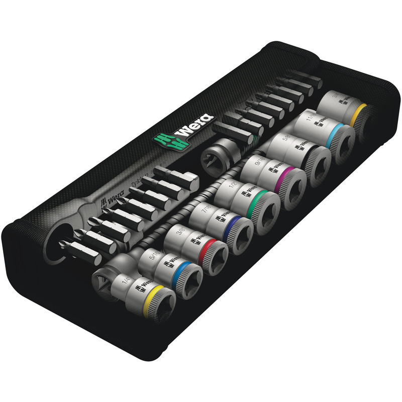 Wera 8100 SB 10 Zyklop Metal Ratchet Set with Push-Through Square, 3/8" Drive, Imperial, 29pc