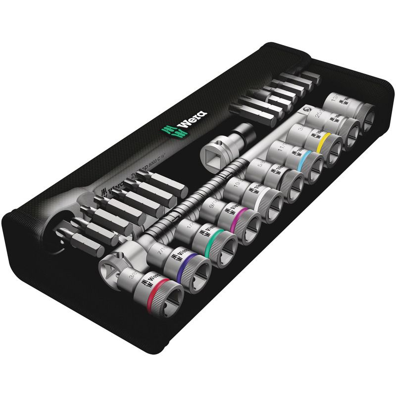 Wera 8100 SC 10 Zyklop Metal Ratchet Set with Push-Through Square, 1/2" Drive, Imperial, 28pc