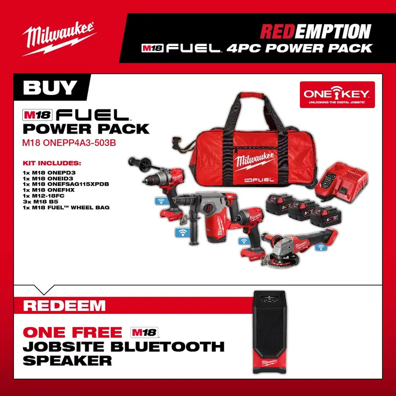 Milwaukee M18ONEPP4A3-503B 18v Fuel One-Key 4pc Kit (CLAIM FREE BLUETOOTH SPEAKER VIA MILWAUKEE REDEMPTION)