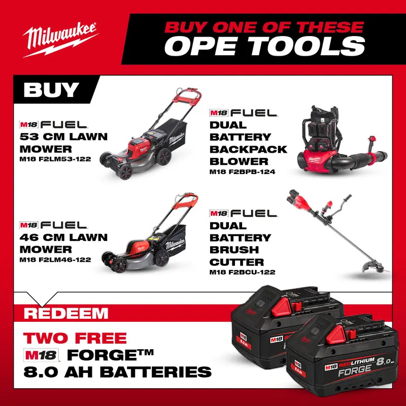 Milwaukee M18F2LM53-122 18v Fuel Dual Battery 53cm Self Propelled Lawn Mower Kit with Forge Batteries (CLAIM 2 FREE 8.0AH FORGE BATTERIES VIA MILWAUKEE REDEMPTION)