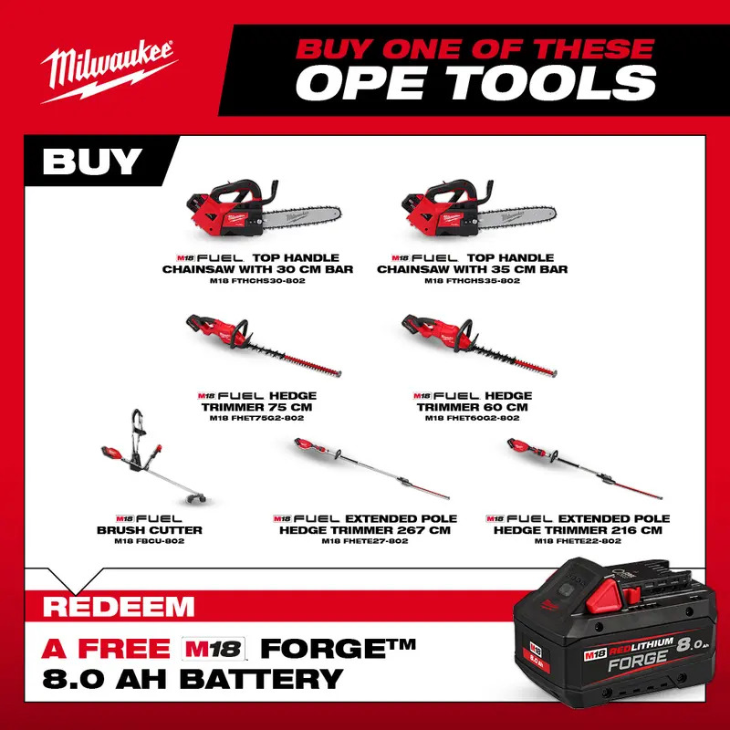 Milwaukee M18FHETE22-0 18v Fuel Extended Pole Hedge Trimmer 216cm Kit - 2 x 8.0ah Forge Batteries & Charger (CLAIM FREE 8.0AH FORGE BATTERY VIA MILWAUKEE REDEMPTION) 