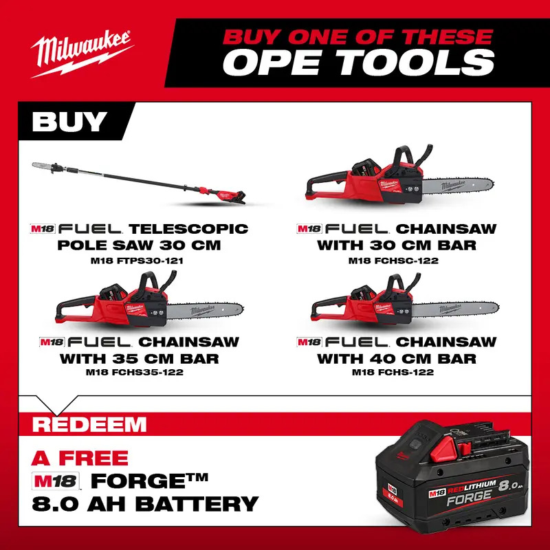 Milwaukee M18FCHSC-0 18V Fuel Compact Chainsaw Kit - 2 x 12.0ah Forge Batteries & Charger (CLAIM FREE 8.0AH FORGE BATTERY VIA MILWAUKEE REDEMPTION)