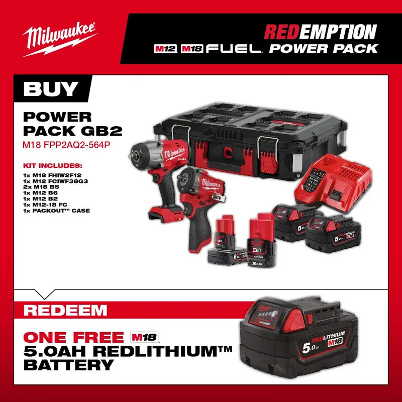 Milwaukee M18FPP2AQ2-564P 18v 1/2" / 12v 3/8" Fuel Impact Wrench Twin Kit Packout Case (CLAIM FREE 5.0AH BATTERY VIA MILWAUKEE REDEMPTION)